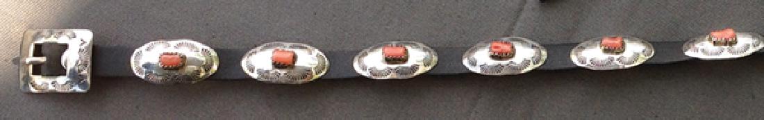 Navajo Hat Band: Fine, belt style, coral and silver hat band with 18 conchos (1" x 1/2") and buckle on leather, will fit any size hat.41"
