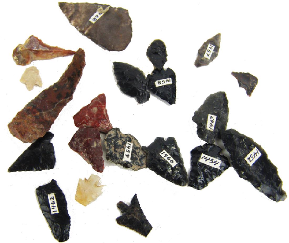 Nevada Arrowheads: Small box of mostly fragmentary, mostly obsidian points marked "Black Rock Desert, Nevada." Various conditions.Largest 2-1/8"Pre Historic