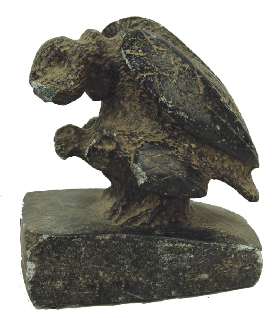 Huge Carved Stone Pipe: Heavy, carved, solid stone pipe showing an adult buzzard with three babies. Good condition, adults beak missing, some chips and scuffs. Marked "Steatite Buzzard - Cherokee." Ex. Evans collection.5-1/4