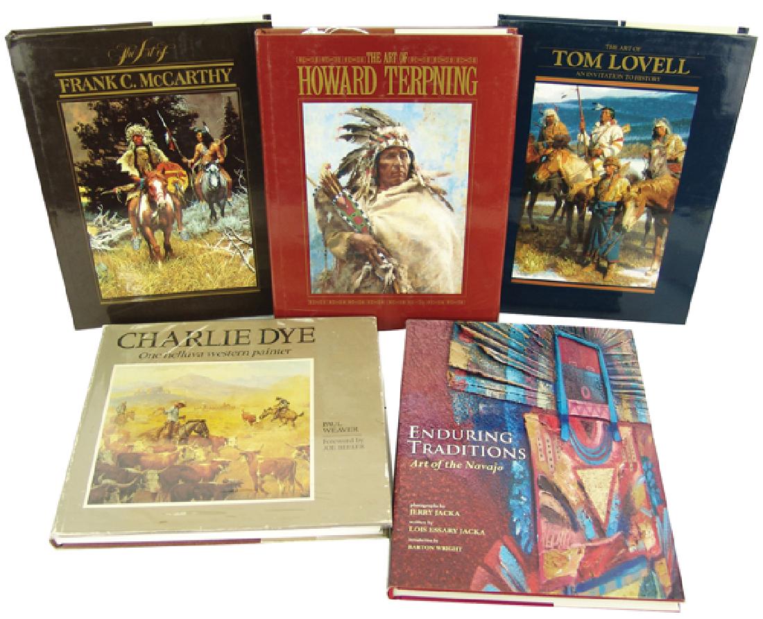 5 Art Collectors Books: Group of five hardcover coffee table books on artists Howard Terpning, Frank McCarthy, Tom Lovell, and Charlie Dye, plus "Enduring Traditions-Art of the Navajo." Very good used condition.Largest 12-1/