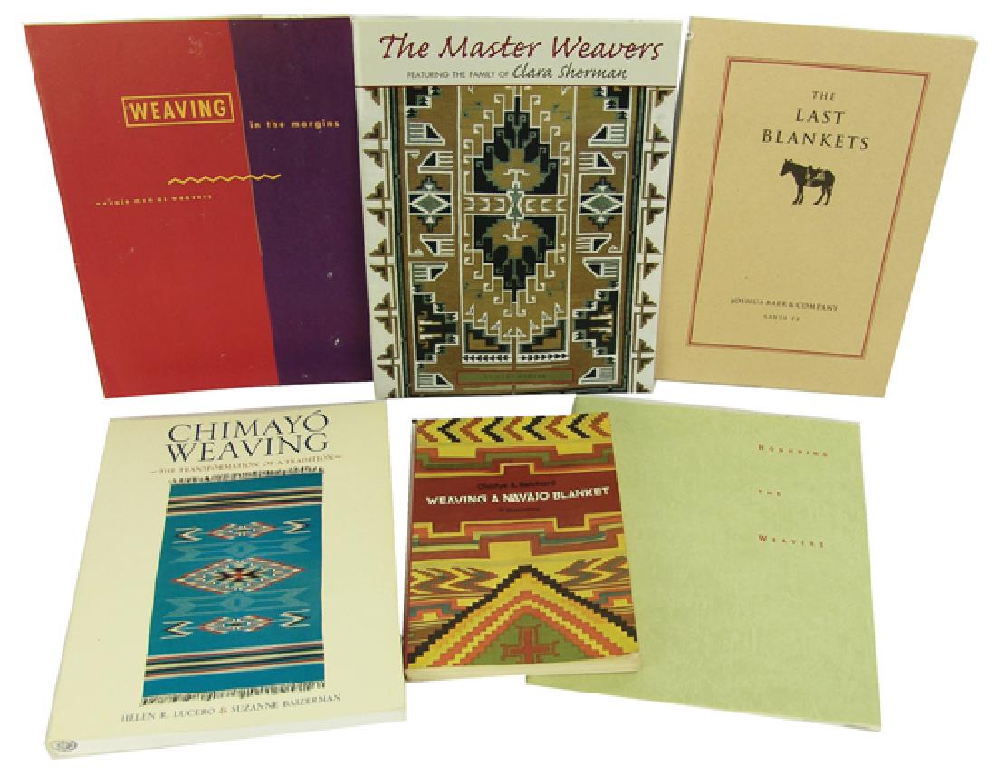 6 Navajo Rug Collector's Books: Includes "Honoring the Weavers", "Weaving a Navajo Blanket", "The Last Blankets", "Weaving-in the Margins", "The Master Weavers" and "Chimayo Weaving." Very good used condition.Largest 11" x 8-1/2"Var