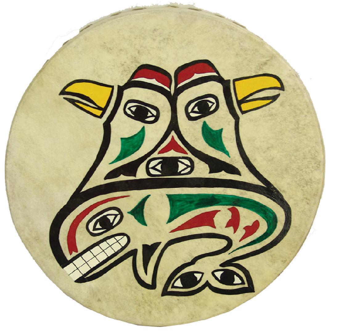 NW Coast Drum: Traditional, handcrafted, bent cedar wood and stretched rawhide gaming drum with eagle/whale design. Good, usable condition, some side splits.16-1/2"Ca. 1980s