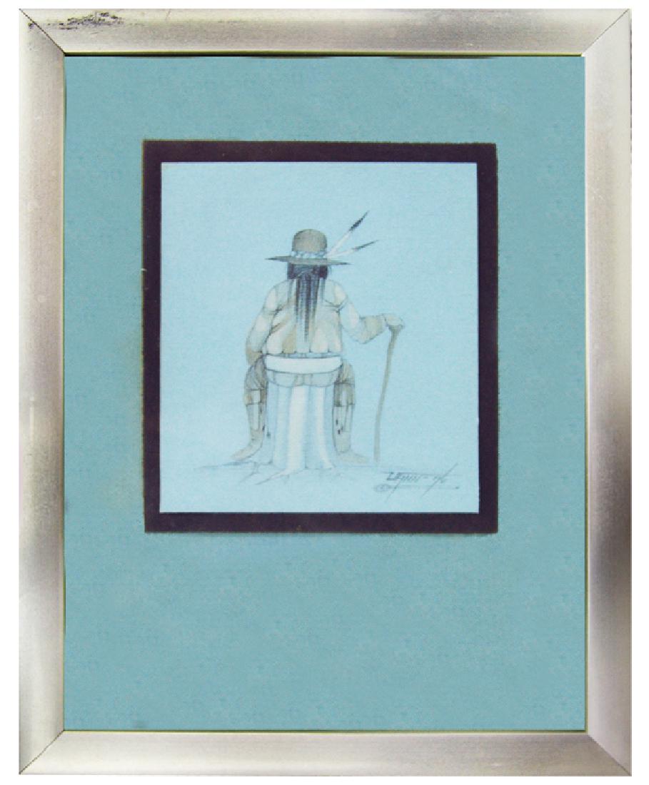 Donald Vann, Cherokee (b.1948): Small, signed original water color on art board showing a man resting on a stump, titled "Waiting Dancer." Very good condition. Triple matted and framed.4" x 3-1/2" + 8-1/2" x 6-1/2"Ca. 1976