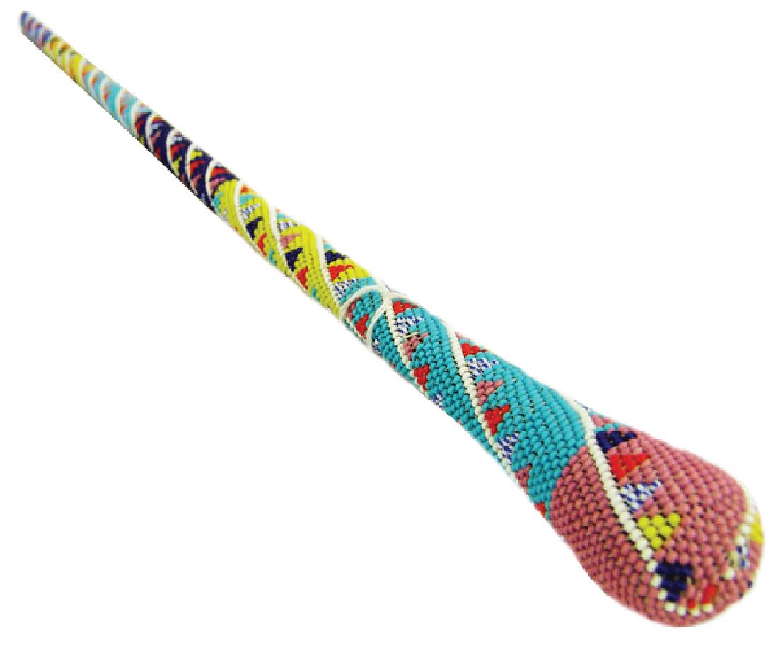 Beaded Speaker's Staff: Carved hardwood speakers staff/wand fully beaded in a geometric pattern using Peyote/basket stitch. Very good condition.26" x 1-3/8"Mid 1900s