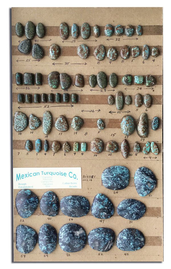 Jeweler's Turquoise Card: Fantastic display of approx. 80 cut, polished, and backed turquoise cabochons in various color shapes and sizes. Each is marked with it's carat weight. The lower 12 are marked "Bisbee" - some very nic