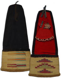 Nez Perce Corn Husk: Unique, finer weave, two-sided wall pocket or sewing case with traditional geometrics done in dyed cornhusk. 15-1/4" x 7"