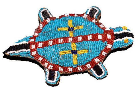 Sioux Turtle Fetish: Fully beaded umbilical cord fetish in geometric and cross designs. 3" x 5-1/2"