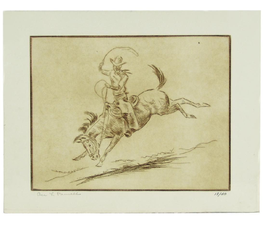 Ace Powell, MT (1912-1978): Fine, limited edition (#15-50) hand pressed etching showing a cowboy overlooking his homestead on the Plains. Very good condition, matted and wrapped.Ca.1970s4-1/2" x 7-1/2" (8-1/2" x 10")