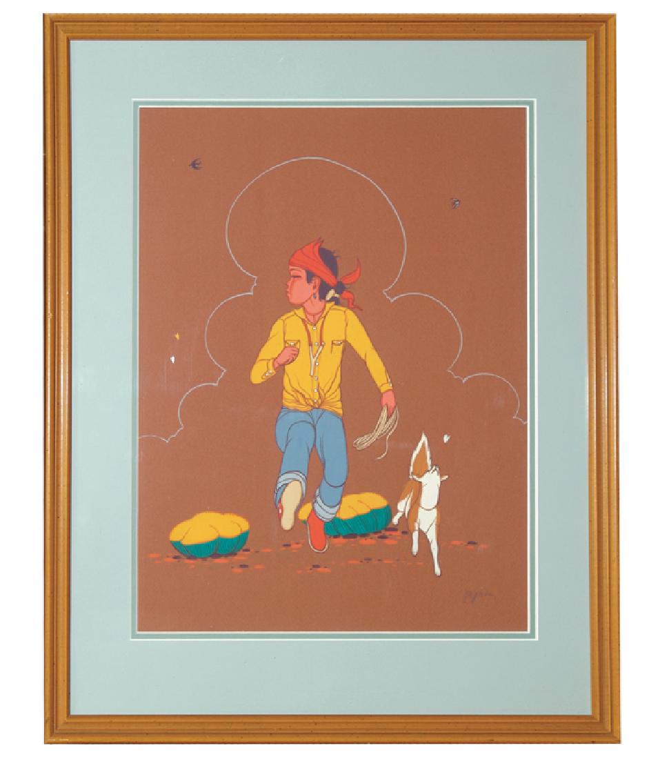 Beatien Yazz, Navajo (1928-2012): Larger, signed original gouache on brown paper showing a fleeing Navajo boy with his slingshot and his dog. Very good condition. Double matted and framed.Ca. 1960s-1970s20" x 15" (27" x 21")