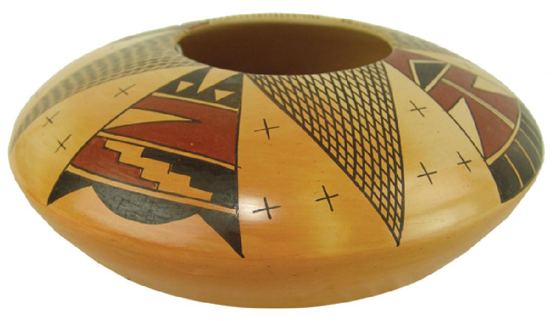 Hopi Pottery Jar - Alice Dashee: Beautiful, polychrome-on-yellow jar with avian inspired tail feather design. Very good condition, signed.Ca. 2000s4-1/2" x 8-1/2"