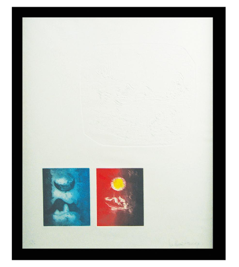 Lebadang (1922-2015): Signed, limited edition (#112/120) impressed paper etching with intaglio titled "Sun, Moon, Creation." Very good condition, framed under glass.Late 1900s27" x 21"