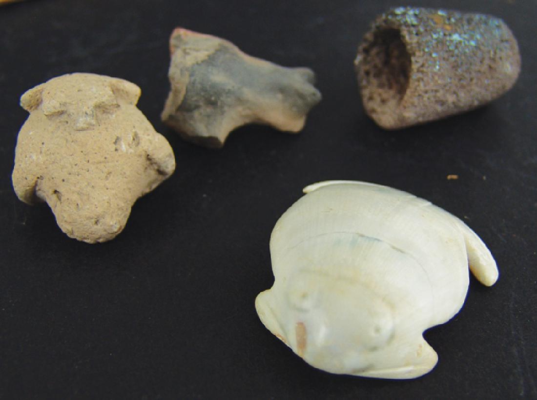 4 Mimbres Artifacts: Includes a rare shell frog pendant, two clay figures, and a small stone short pipe, all collected around the Baca site. Good condition. Ex. Evans collection.PrehistoricLargest 2"