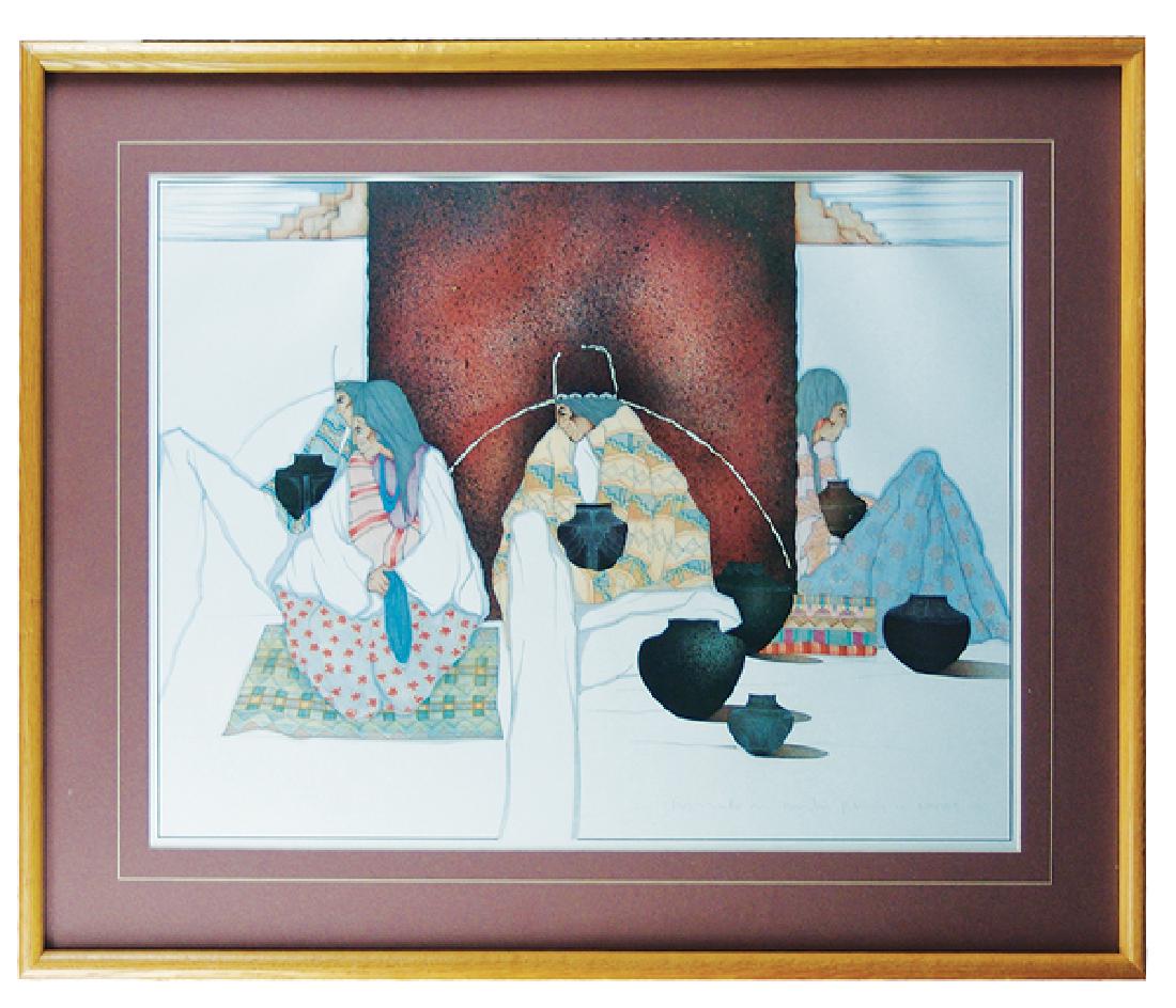 Amado Pena, Yaqui (b. 1943): Large, colorful, quality offset color print done in his unique style, "Mercado De Santa Fe." Very good condition, custom matted and framed.Ca. 198318" x 25" (25" x 32")