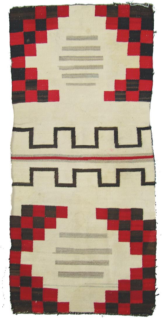 Navajo Rug/Weaving: Classic, old, double saddle blanket with interesting symmetrical design. Good condition, some soiling/stains, and edge erosion.Ca.1940s62" x 29"