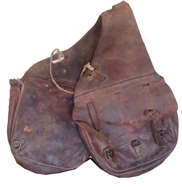 Antique Saddle Bags: Pair of military issue, leather saddle bags with triple leather fasteners. Fair condition, some missing hardware. Standard Size Early 1900s