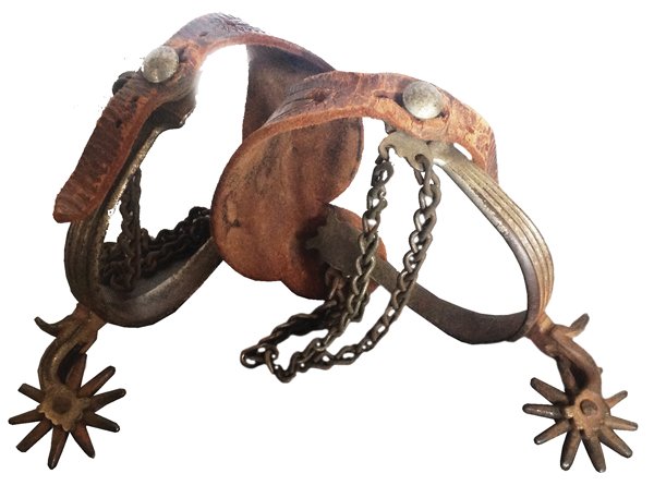 Buermann Antique Spurs: Old, star-stamped, August Buermann iron spurs with original tooled leather straps. North and Judd purchased, 1926. Good/used condition. Adult Size Ca. 1920s