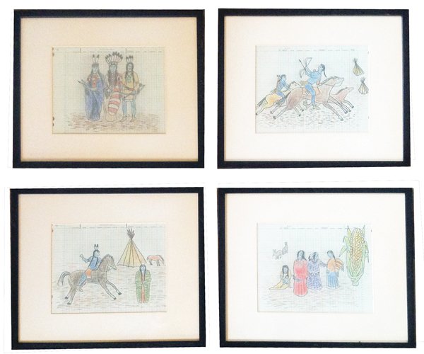 Ledger Drawings: Set of four old style colored pencil ledger drawings, all framed and matted. Very good condition. 14" x 10" (21" x 17") each Modern