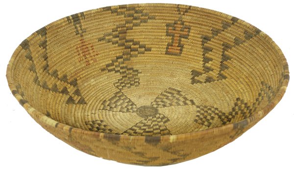 Apache Basket: Early, flare basketry tray with stepped lighting/arrow symbols, and rare pendant and human figures done in orange/red. Good condition, faded and has minor repairs.Early 1900s3" x 13"
