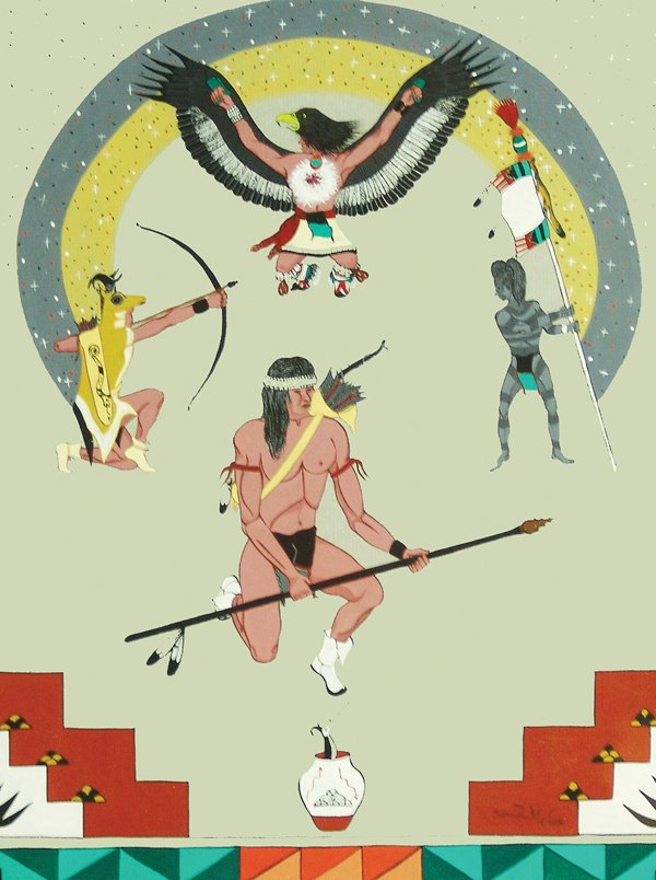 Samuel Medina, Cochiti (20th Century): Colorful, signed original gouache on gray paper showing several ceremonial dancers, plus an avanyu serpent emerging from a pot. Very good condition, matted and framed.Late 1900s15" x 11" (21" x17")