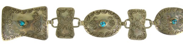 Navajo Concho Belt - Nelvin Chee: Nice ladies-size (only 1-1/8" wide) hand stamped, all-silver belt, the nine oval conchos and larger buckle all with single Bisbee stones, plus ten, plain butterfly spacers. Very good condition.Ca. 198
