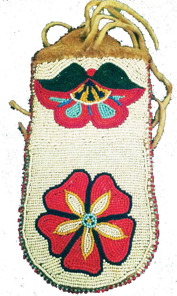 Plateau Beaded Bag: Unique, buckskin/moose hide bag, the front fully beaded with florals on a white field, done in different sized beads. Good condition. 6-1/4" x 3-1/2" Early/Mid 1900s
