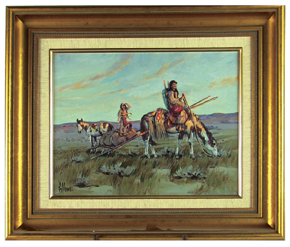 Fred Fellows, MT/AZ/CA (b. 1939): Fine, signed original oil on canvas labeled "Blackfoot Woman and Travois, The Injun Station Wagon." Very good condition, custom matted and in gold frame.Ca. 196711" x 14" (17" x 21")