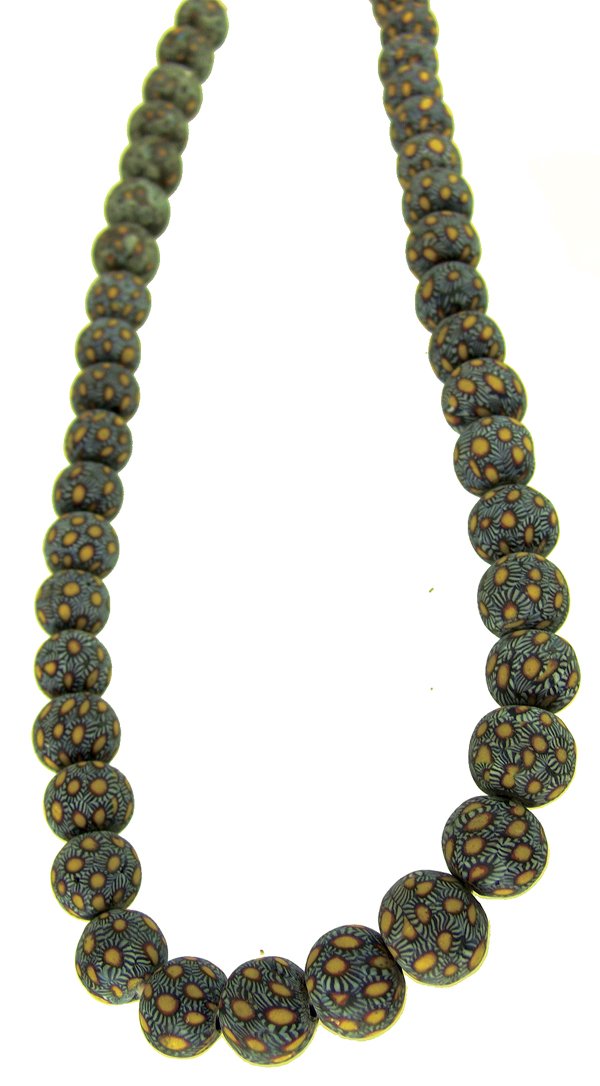 Antique Tradebeads: Rare and beautiful strand of large 1" Moretti Venetian Murano milifiore beads in wonderful satin finish. Very good condition. Natural inconsistencies, each bead an original.Early/Mid 1900s30"