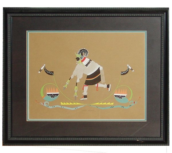 Richard Martinez, San Ildefonso (1904-1987): Famous portfolio print from the 1970s Bell edition "Pueblo Indian Painting", this a ram dancer in action. Very good condition, double matted and framed.Ca. 1970s15" x 19" (22" x 26")