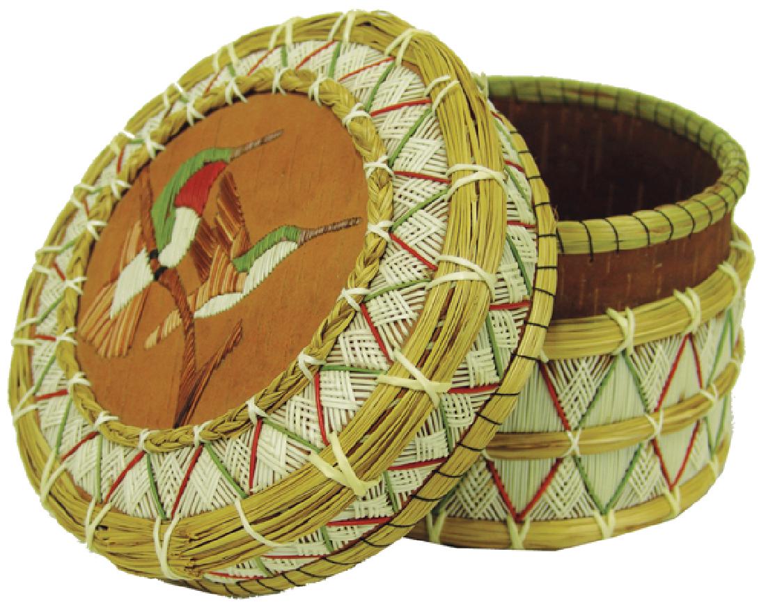 Ojibway Basket - Rebecca Morriseau: Outstanding, larger, lidded birch bark basket completely covered with porcupine quills, includes a pair of hummingbird figures on the lid. Very good condition.Ca. 1990s6-1/2" x 4-1/2"