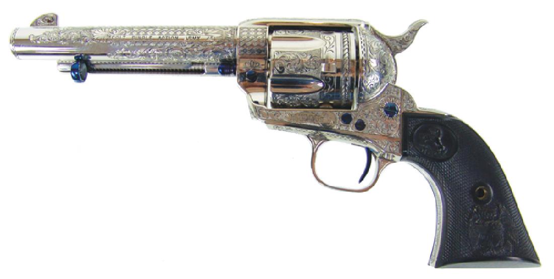 Special Colt Army 45: Exquisite, 45 caliber six-shot revolver with 5-1/2" barrel, and with special, fully engraved, nickel finish body, and hard rubber "eagle" grips. Excellent condition, NIB in original box. S/N 533458A *
