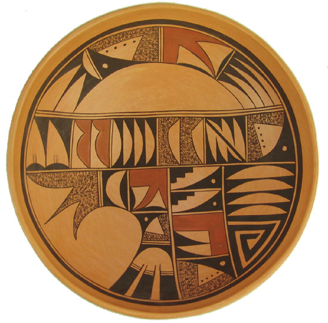 Hopi Pottery Bowl - Coyote: Large, very fine, polychrome-on-red low-profile bowl with avian inspired interior and exterior designs. Very good condition.Early 2000 4" x 12"