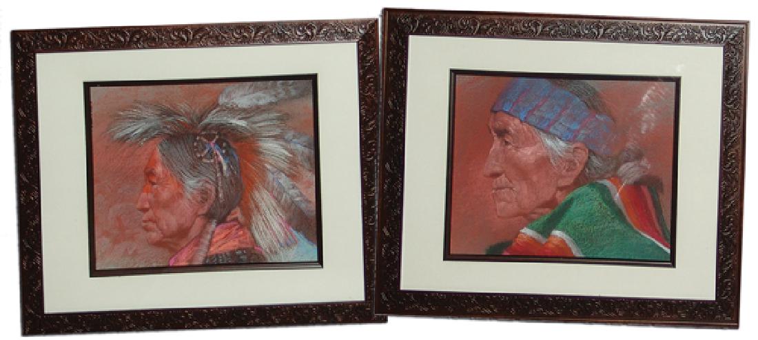 Clifford Beck, Navajo (1964-1995): Pair of beautiful signed (under mat) original pastels on brown paper, both profiles of native men. Very good condition, custom matted in matching frames.Ca.1980s8" x 10" (16" x 19")