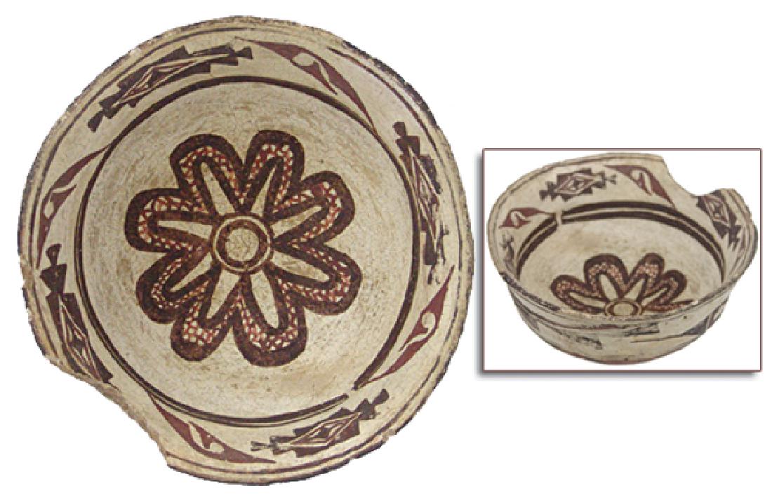 Zuni Pottery Bowl: Rare, old, flared polychrome bowl with large rosette in the center, and crude curvilinear traditional symbols inside and out. Fair condition, shows much use.Prehistoric3-1/2" x 7-1/2"