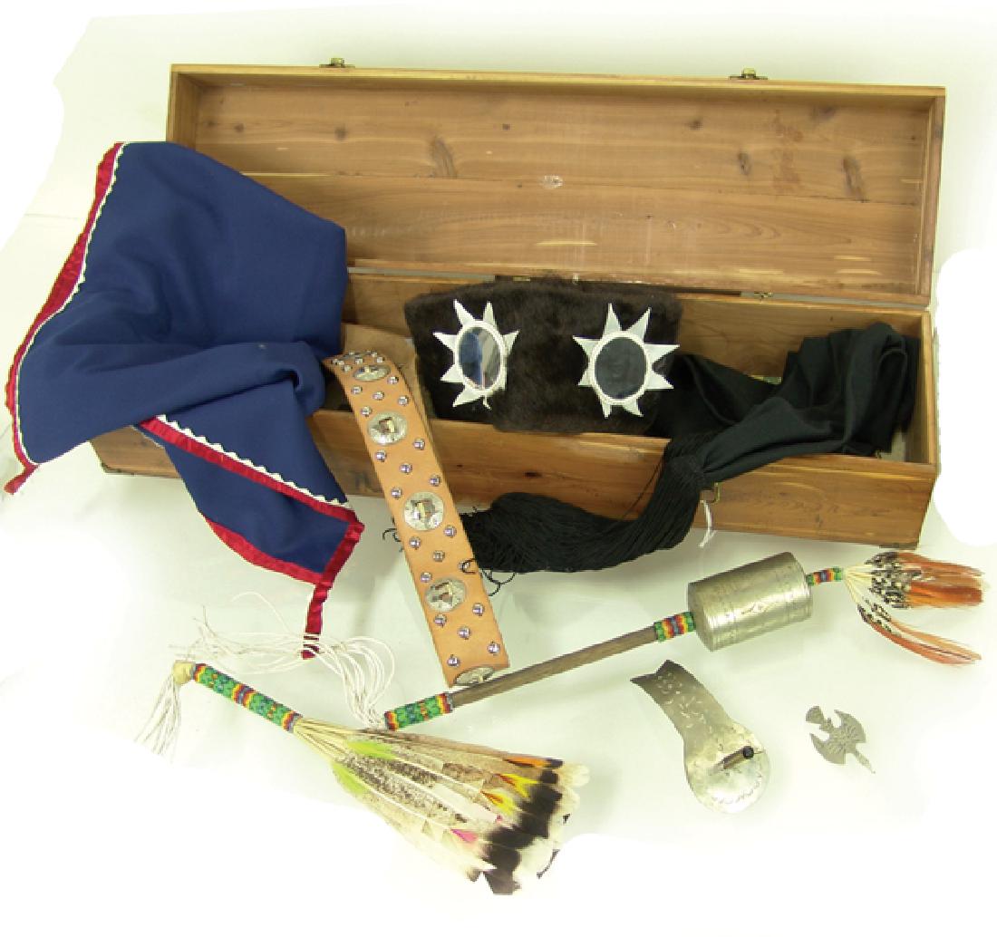 Native American Church Peyote Box: Hand build, lidded cedar box containing one persons ceremonial pieces including feather fan, "beaver" headband, breechcloth, black sash, and concho belt, plus a fine etched and stamped, German silver