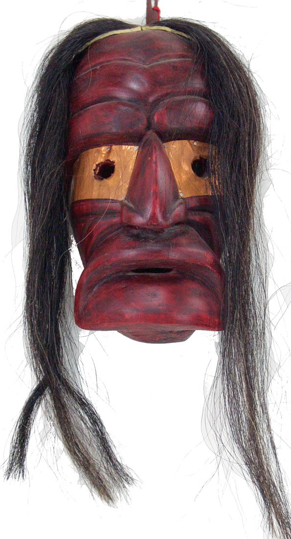 Iroquois False Face Mask: Classic, hand carved and painted "drooping mouth" mask with copper clad eyes and horsehair, this one made by 14 year old Onandega boy, He Hunts Animals. Very good condition.Ca. 1960s11"
