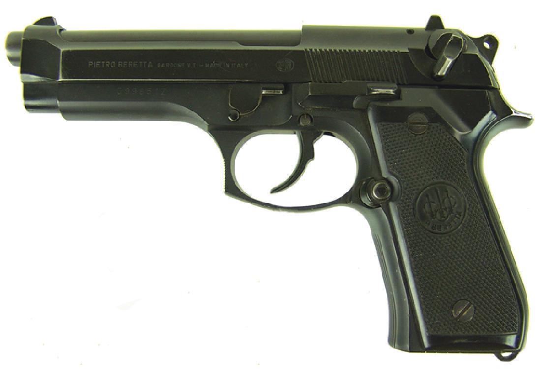 Beretta 9mm Pistol: Popular model 92F, caliber 9, parabellum, semi-automatic pistol with squared off trigger guard, recurved grip, chromed bore, and full Bruniton finish. With 15 round magazine. Very good condition. SN O