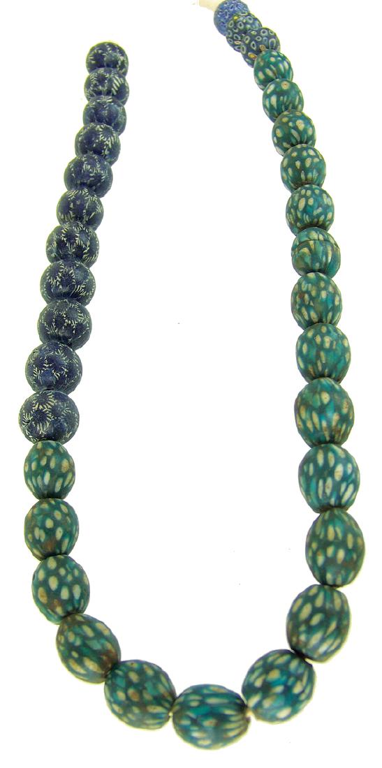 Antique Tradebeads: Rare and beautiful strand of large 1" Moretti Venetian Murano milifiore beads in wonderful satin finish. Very good condition. Natural inconsistencies, each bead an original.Early/Mid 1900s30"