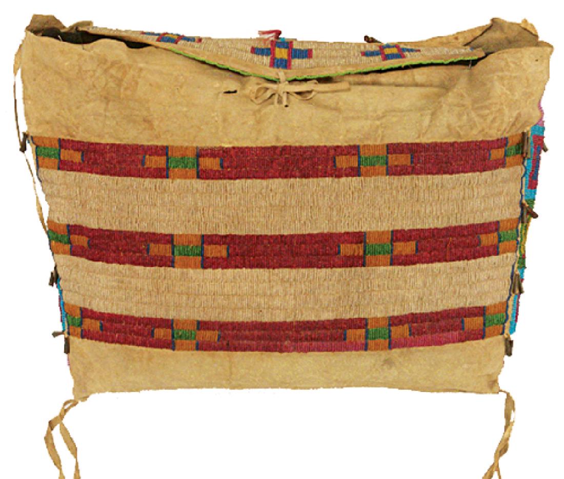 Plains Beaded Possible Bag: Traditional, sinew sewn heavy buckskin tipi bag with colorful, lazy stitch beaded geometric design on front, top, and sides, and with tin cone suspentions. Very good condition.Early/Mid 1900s14" x 21"