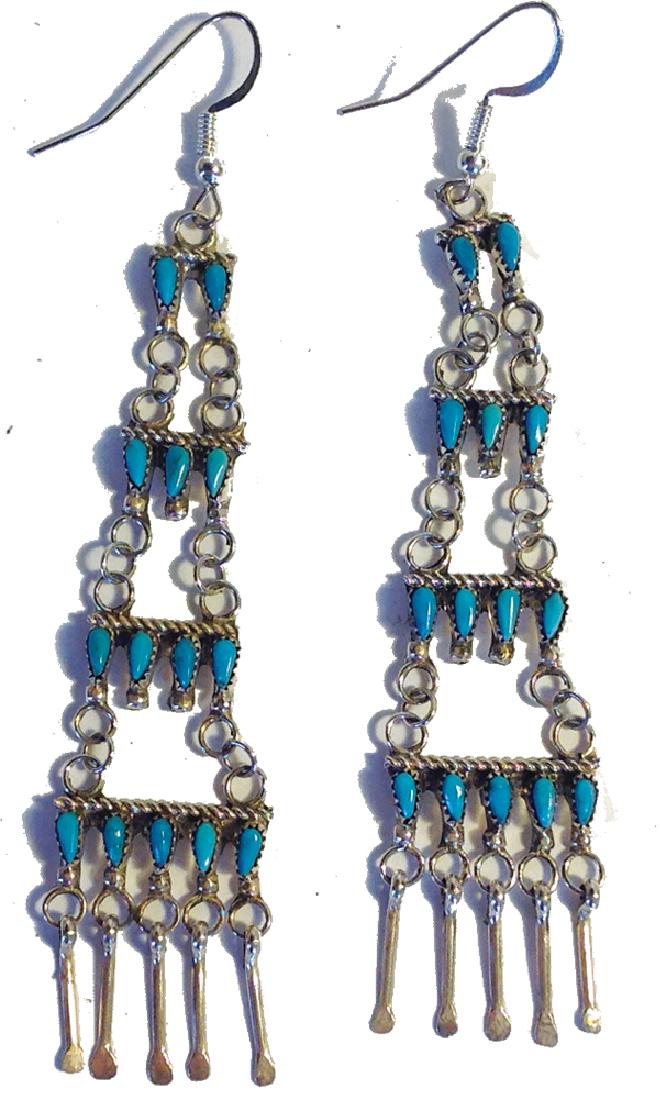 Zuni Earrings: Long pair of dangly, turquoise and silver earrings with spoon suspensions. Very good condition.Late 1900s3" x 3/4"