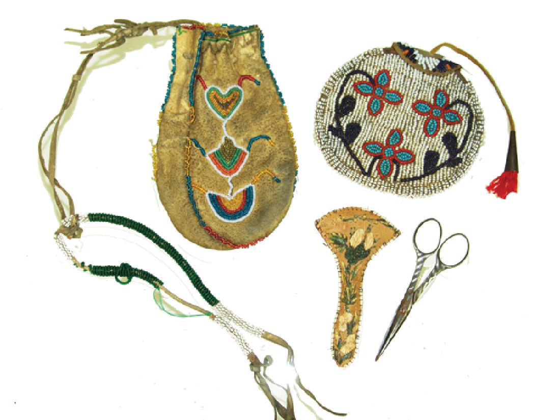 3 Old Beaded Items: Includes a small, Plateau floral round bag, an eastern Sioux, two-sided buckskin drawstring bag, plus a rare, Iroquois birchbark scissors case with tufted moose hair designs. Fair/good condition.Early