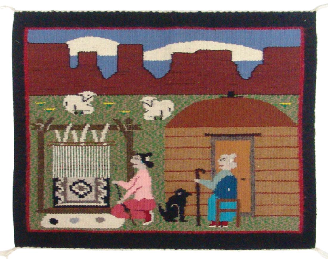 Navajo Rug/Weaving - Lena Begay: Colorful, fine weave pictorial rug showing a weaver, dog, grandmother with cane, sheep, hogan, bluffs, clouds, etc. - typical "Navajoland" items. Very good condition. Ex. ship rock T.P.Ca. 1980s20" x 