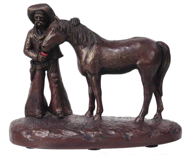 Original Western Sculpture by Largo: Late 1900s 14 x 11 x 8" Signed, hydrocast bronze resin sculpture showing an old cowboy treating his colt to an apple. Very good condition.