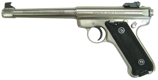 Ruger Mark II Target Pistol: Late 1900s 11" Beautiful, stainless finish, .22 LR cal. target pistol with 7" barrel, and black checkered grips with Ruger logo. Excellent condition. S/N 221-37936
