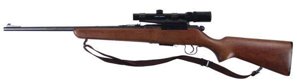 Stevens Model 322 Bolt Action Rifle: Mid 1900s 40-1/2" Vintage, .22 Hornet, magazine fed bolt action rifle with 22" blued barrel, smooth one-piece walnut stock, sling, and Bushnell Sport View, 1.5x-4.5x scope. Very good