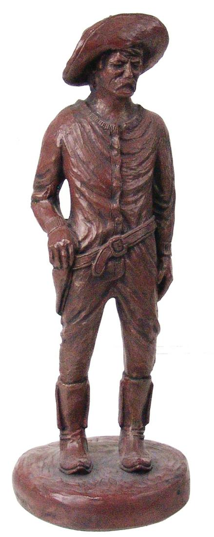 Original Western Sculpture by Largo: Late 1900s 14" Signed, hydrocast bronze resin sculpture, a cowboy or soldier with holster and pistol. Very good condition.