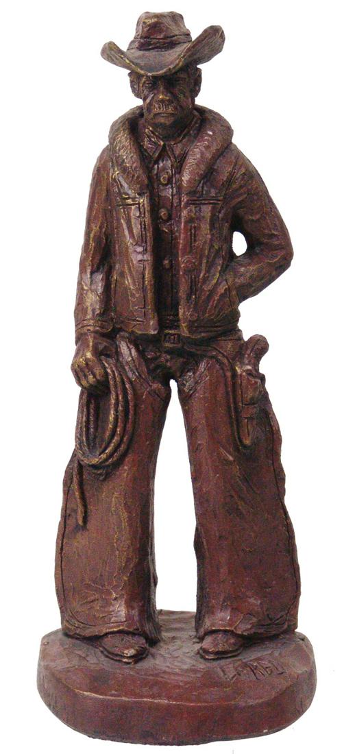 Original Western Sculpture By Largo: Late 1900s 9-1/2" Signed, hydrocrast bronze resin sculpture showing a cowboy in his winter vest and chaps, holding his riata. Very good condition.