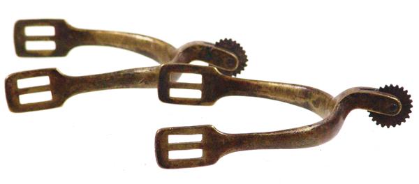 Vintage Western Spurs: Mid/Late 1900s Standard Brass spurs, 3/4" diameter, saw tooth rowel. Good condition.
