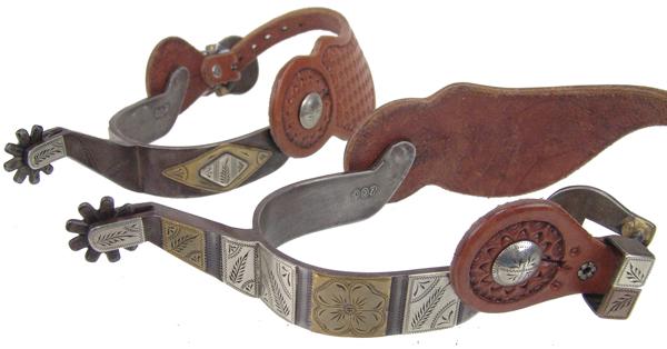 J. D. Moss Western Spurs: Early/Mid 1900s Adult Beautiful double mounted spurs with silver and brass overlap, Cowboy Designs leathers with silver and brass overlays, and with brass rowels. Signed "J. D. Moss 007" Very
