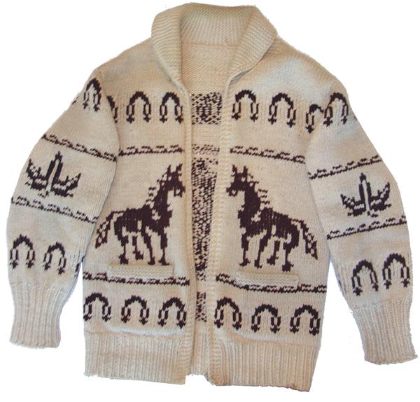 Cowichan Sweater: Ca.1950s Mens largeWonderful, hand woven, wind and rain resistant, home spun woolen sweater done in traditional style and with eagle, horse, and horseshoe figures. Collected on N. Vancouver Island in