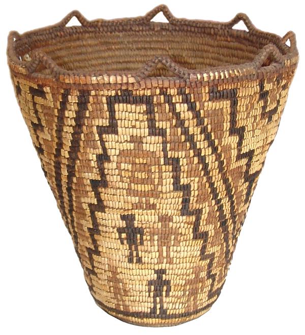 Klickitat Basket: Late1800s 14" x 13"Amazing, museum quality, flared hard basket with fully imbricated exterior having fifteen human figures among the many geometric forms. Very good condition with all original rim loo